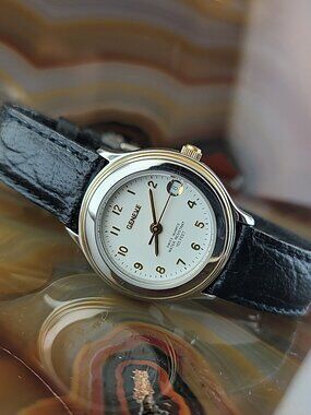 GENEVE Swiss 18K Gold Plated Stainless Steel Watch Leather Band Date
